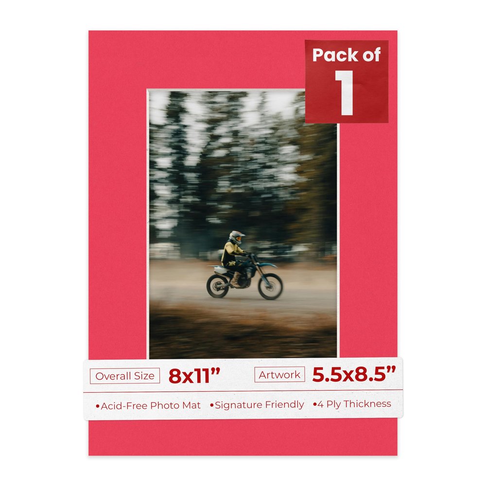 8x11 Mat Bevel Cut for 5.5x8.5 Photos - Acid Free Cardinal Red Precut Matboard With Backing Board and Crystal Clear, Self Seal Photo Mat Bag - For Pictures, Photos, Framing - 4-ply Thickness