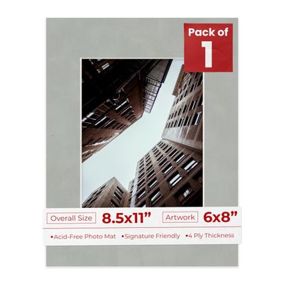 Poster Palooza 8.5x11 Mat Bevel Cut for 6x8 Photos - Acid Free Light Grey Suede Precut Matboard - For Pictures, Photos, Framing - 4-ply Thickness