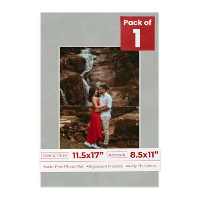11.5x17 Mat Bevel Cut for 8.5x11 Photos - Acid Free Light Grey Suede Precut Matboard With Backing Board and Crystal Clear, Self Seal Photo Mat Bag - For Pictures, Photos, Framing - 4-ply Thickness