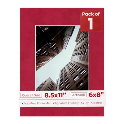 8.5x11 Mat Bevel Cut for 6x8 Photos - Acid Free Bright Red Suede Precut Matboard With Backing Board and Crystal Clear, Self Seal Photo Mat Bag - For Pictures, Photos, Framing - 4-ply Thickness