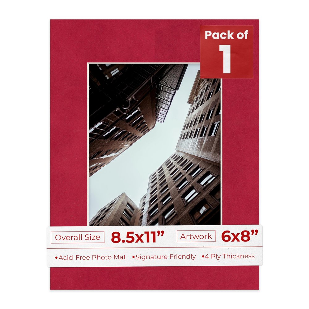 8.5x11 Mat Bevel Cut for 6x8 Photos - Acid Free Bright Red Suede Precut Matboard With Backing Board and Crystal Clear, Self Seal Photo Mat Bag - For Pictures, Photos, Framing - 4-ply Thickness