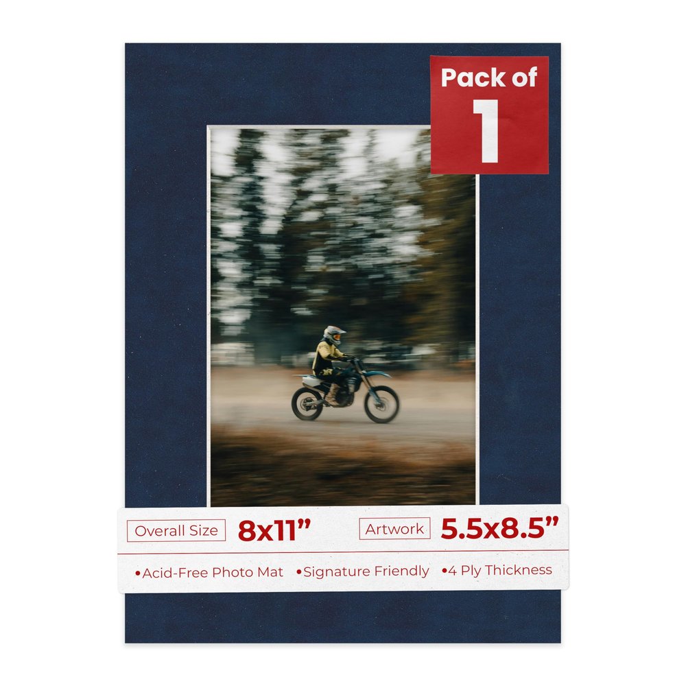 8x11 Mat Bevel Cut for 5.5x8.5 Photos - Acid Free Navy Suede Precut Matboard With Backing Board and Crystal Clear, Self Seal Photo Mat Bag - For Pictures, Photos, Framing - 4-ply Thickness
