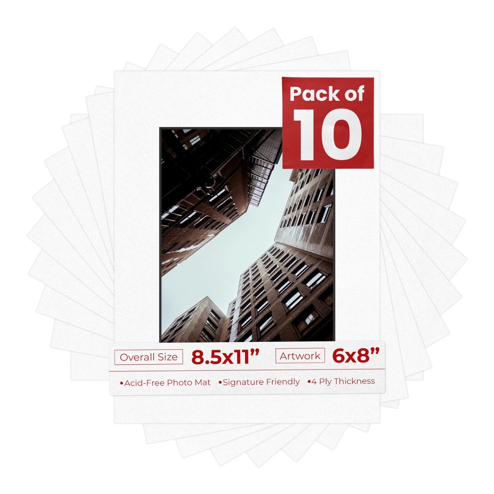 Pack of Ten Acid Free 8.5x11 Mats Bevel Cut for 6x8 Photos - White with Black Core Precut Matboards With Backing Boards and Self Seal Photo Mat Bags For Pictures, Photos, Framing - 4-ply Thickness