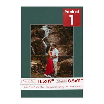 11.5x17 Mat Bevel Cut for 8.5x11 Photos - Acid Free Forest Green Precut Matboard With Backing Board and Crystal Clear, Self Seal Photo Mat Bag - For Pictures, Photos, Framing - 4-ply Thickness