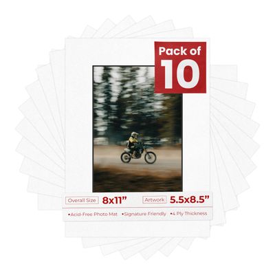 Pack of Ten Acid Free 8x11 Mats Bevel Cut for 5.5x8.5 Photos - White with Black Core Precut Matboards With Backing Boards and Self Seal Photo Mat Bags For Pictures, Photos, Framing - 4-ply Thickness