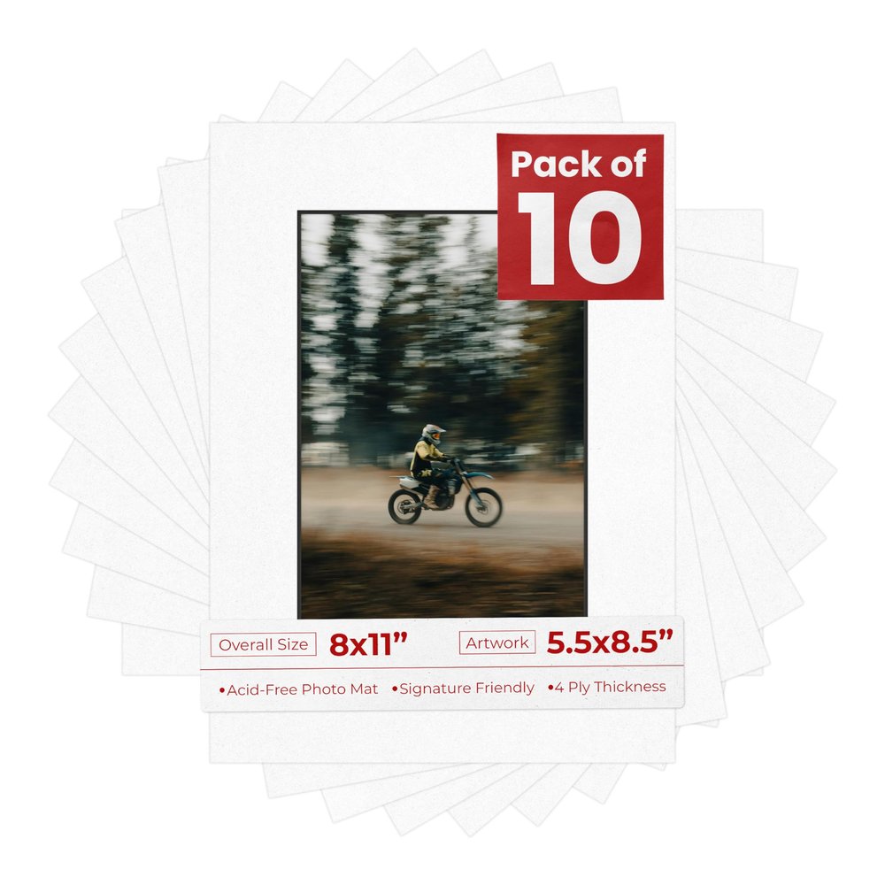 Pack of Ten Acid Free 8x11 Mats Bevel Cut for 5.5x8.5 Photos - White with Black Core Precut Matboards With Backing Boards and Self Seal Photo Mat Bags For Pictures, Photos, Framing - 4-ply Thickness
