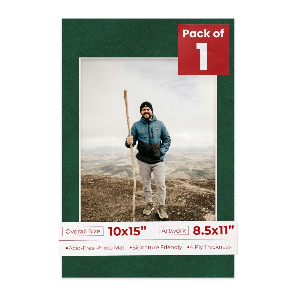 10x15 Mat Bevel Cut for 8.5x11 Photos - Acid Free Green Suede Precut Matboard With Backing Board and Crystal Clear, Self Seal Photo Mat Bag - For Pictures, Photos, Framing - 4-ply Thickness