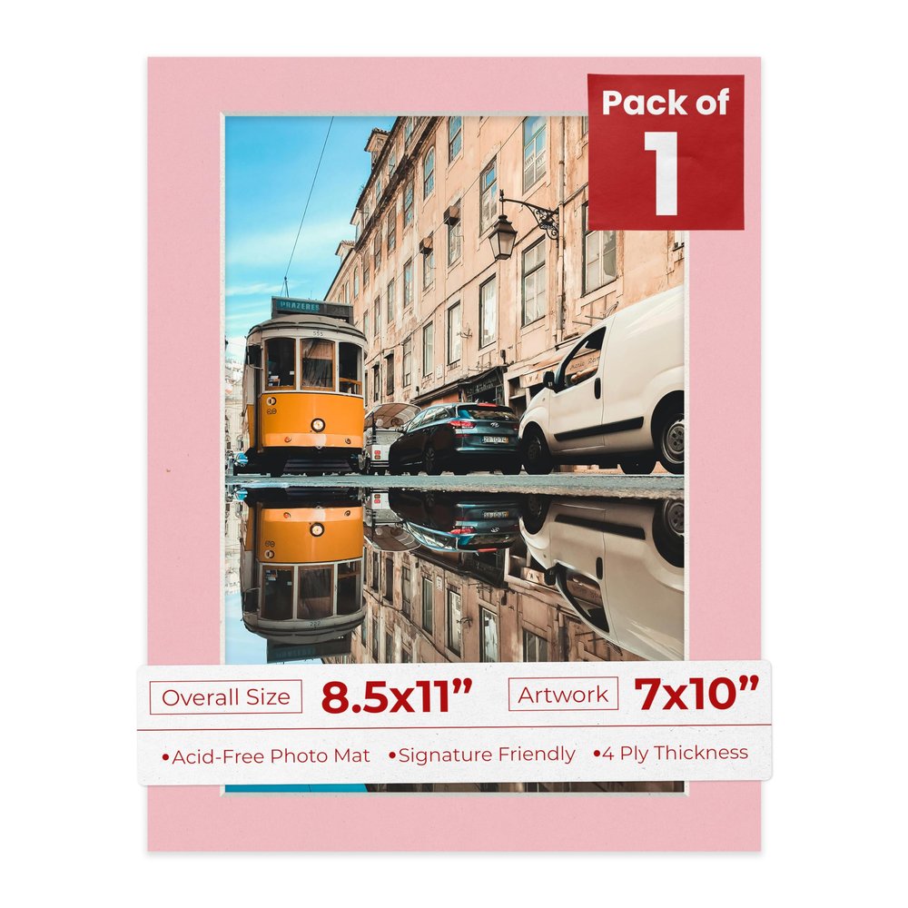 Poster Palooza 8.5x11 Mat Bevel Cut for 7x10 Photos - Acid Free Pink Precut Matboard With Backing Board and Crystal Clear, Self Seal Photo Mat Bag - For Pictures, Photos, Framing - 4-ply Thickness