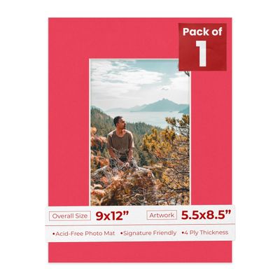 9x12 Mat Bevel Cut for 5.5x8.5 Photos - Acid Free Cardinal Red Precut Matboard With Backing Board and Crystal Clear, Self Seal Photo Mat Bag - For Pictures, Photos, Framing - 4-ply Thickness