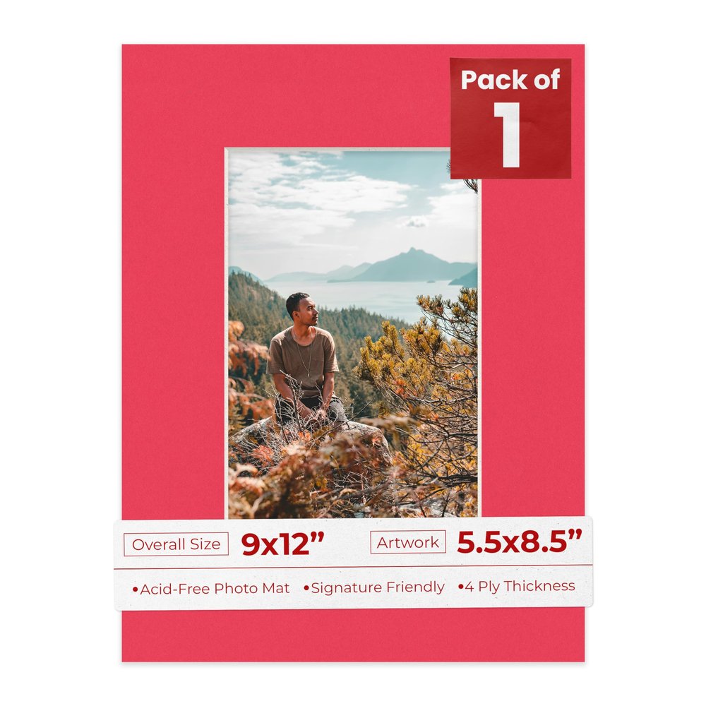 9x12 Mat Bevel Cut for 5.5x8.5 Photos - Acid Free Cardinal Red Precut Matboard With Backing Board and Crystal Clear, Self Seal Photo Mat Bag - For Pictures, Photos, Framing - 4-ply Thickness