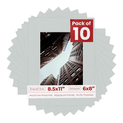 Poster Palooza Pack of Ten Acid Free 8.5x11 Mats Bevel Cut for 6x8 Photos - Grey Precut Matboards With Backing Boards and Self Seal Photo Mat Bags For Pictures, Photos, Framing - 4-ply Thickness