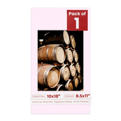 10x18 Mat Bevel Cut for 8.5x11 Photos - Acid Free Soft Pink Precut Matboard With Backing Board and Crystal Clear, Self Seal Photo Mat Bag - For Pictures, Photos, Framing - 4-ply Thickness