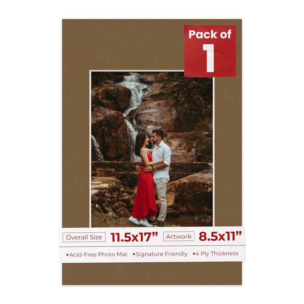 11.5x17 Mat Bevel Cut for 8.5x11 Photos - Acid Free Aged Oak Brown Precut Matboard With Backing Board and Crystal Clear, Self Seal Photo Mat Bag - For Pictures, Photos, Framing - 4-ply Thickness