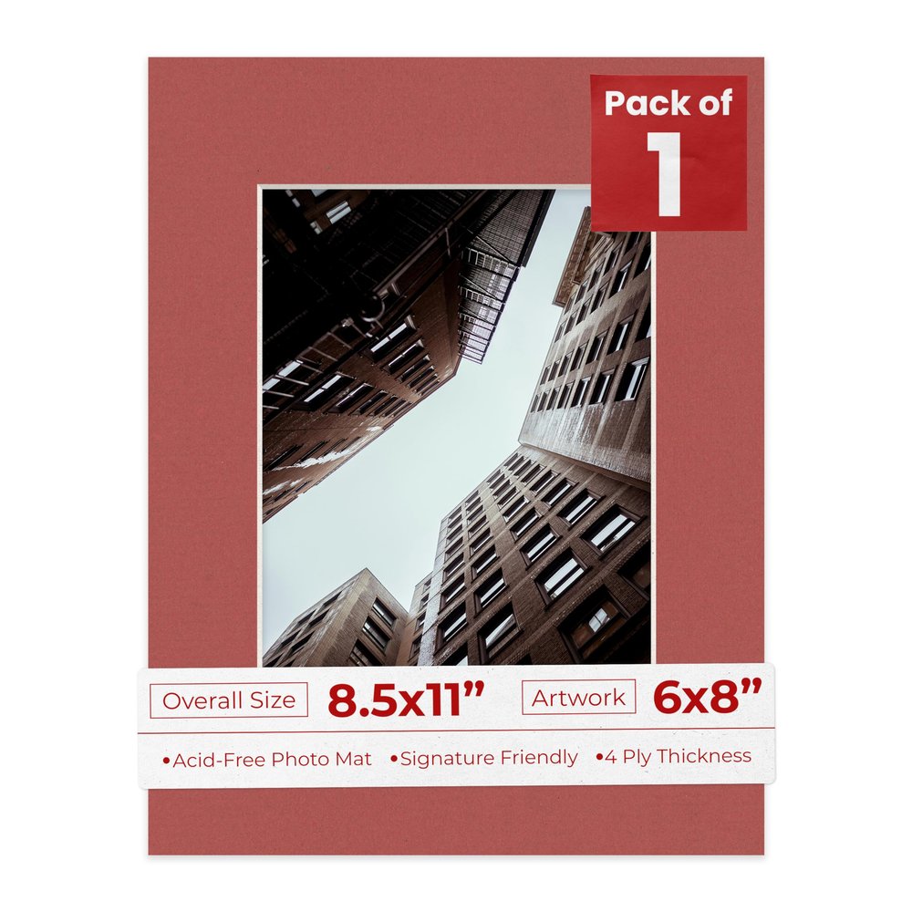 8.5x11 Mat Bevel Cut for 6x8 Photos - Acid Free Brick Red Precut Matboard With Backing Board and Crystal Clear, Self Seal Photo Mat Bag - For Pictures, Photos, Framing - 4-ply Thickness