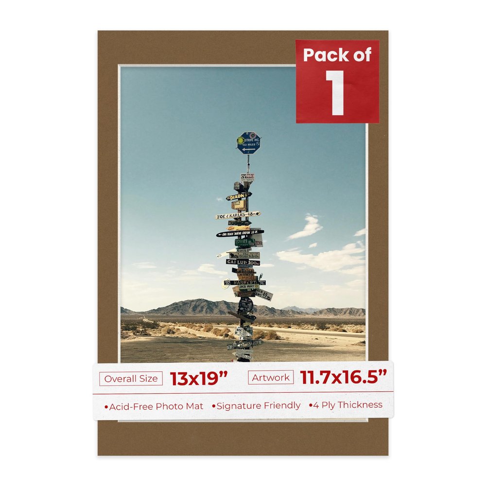 13x19 Mat Bevel Cut for 11.7x16.5 Photos - Acid Free Aged Oak Brown Precut Matboard With Backing Board and Crystal Clear, Self Seal Photo Mat Bag - For Pictures, Photos, Framing - 4-ply Thickness