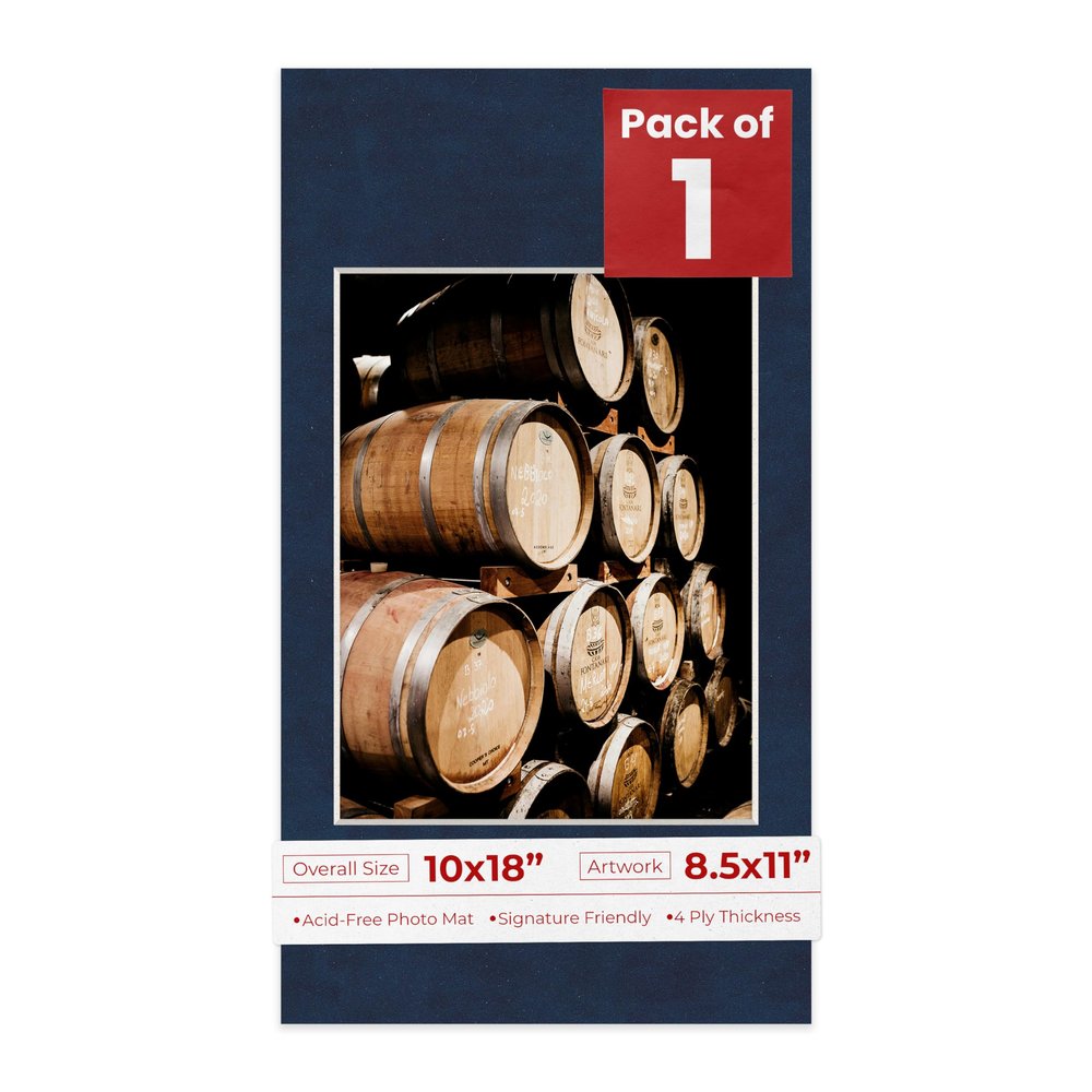 10x18 Mat Bevel Cut for 8.5x11 Photos - Acid Free Navy Suede Precut Matboard With Backing Board and Crystal Clear, Self Seal Photo Mat Bag - For Pictures, Photos, Framing - 4-ply Thickness