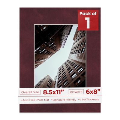 Poster Palooza 8.5x11 Mat Bevel Cut for 6x8 Photos - Acid Free Dark Red Suede Precut Matboard - For Pictures, Photos, Framing - 4-ply Thickness