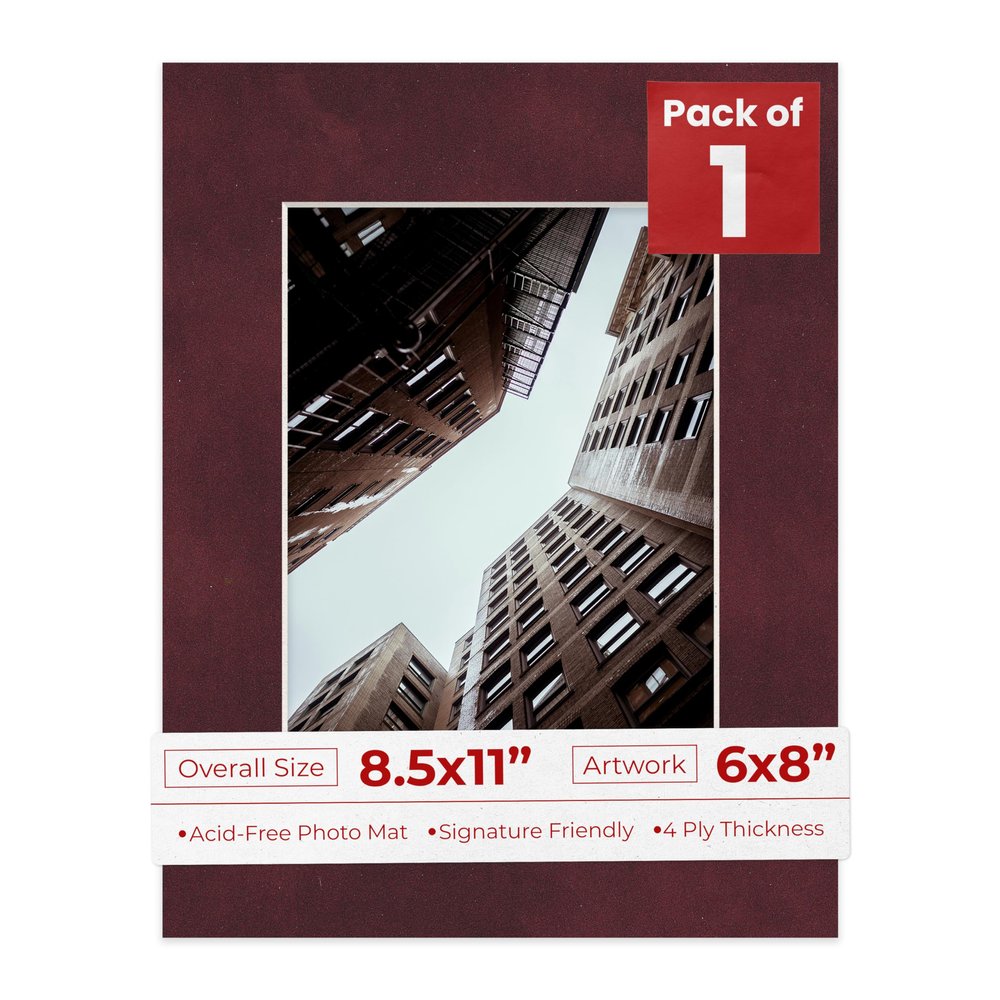 Poster Palooza 8.5x11 Mat Bevel Cut for 6x8 Photos - Acid Free Dark Red Suede Precut Matboard - For Pictures, Photos, Framing - 4-ply Thickness