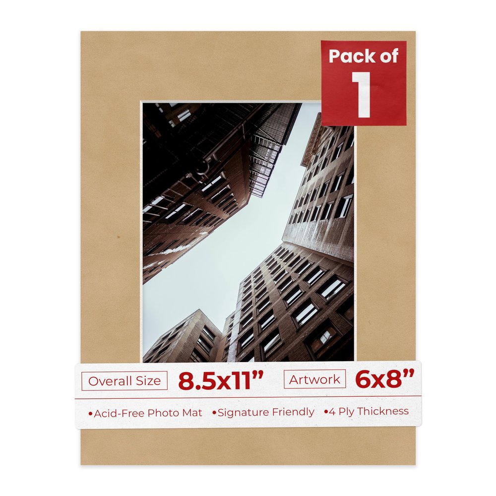 Poster Palooza 8.5x11 Mat Bevel Cut for 6x8 Photos - Acid Free Beige Suede Precut Matboard - For Pictures, Photos, Framing - 4-ply Thickness