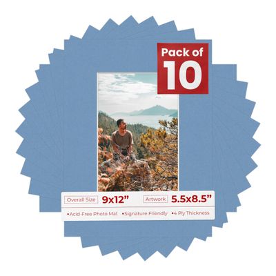 Pack of Ten 9x12 Mats Bevel Cut for 5.5x8.5 Photos - Acid Free Brittany Blue Precut Matboards for Pictures, Photos, Framing - 4-ply Thickness