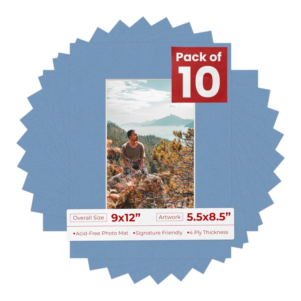 Pack of Ten 9x12 Mats Bevel Cut for 5.5x8.5 Photos - Acid Free Brittany Blue Precut Matboards for Pictures, Photos, Framing - 4-ply Thickness
