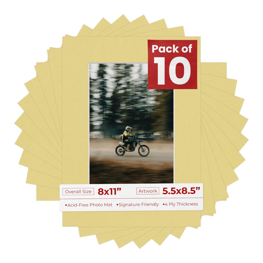 Pack of Ten Acid Free 8x11 Mats Bevel Cut for 5.5x8.5 Photos - Soft Yellow Precut Matboards With Backing Boards and Self Seal Photo Mat Bags For Pictures, Photos, Framing - 4-ply Thickness