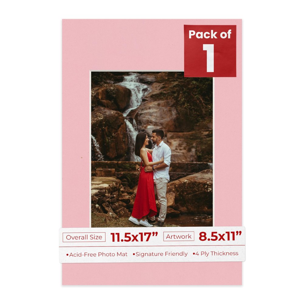 Poster Palooza 11.5x17 Mat Bevel Cut for 8.5x11 Photos - Acid Free Pink Precut Matboard With Backing Board and Crystal Clear, Self Seal Photo Mat Bag - For Pictures, Photos, Framing - 4-ply Thickness