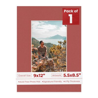 9x12 Mat Bevel Cut for 5.5x8.5 Photos - Acid Free Brick Red Precut Matboard With Backing Board and Crystal Clear, Self Seal Photo Mat Bag - For Pictures, Photos, Framing - 4-ply Thickness