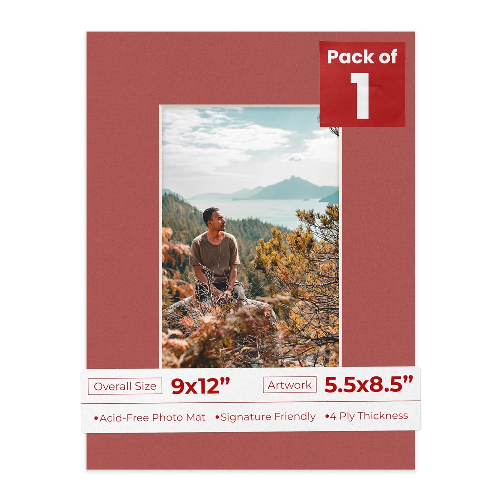 9x12 Mat Bevel Cut for 5.5x8.5 Photos - Acid Free Brick Red Precut Matboard With Backing Board and Crystal Clear, Self Seal Photo Mat Bag - For Pictures, Photos, Framing - 4-ply Thickness