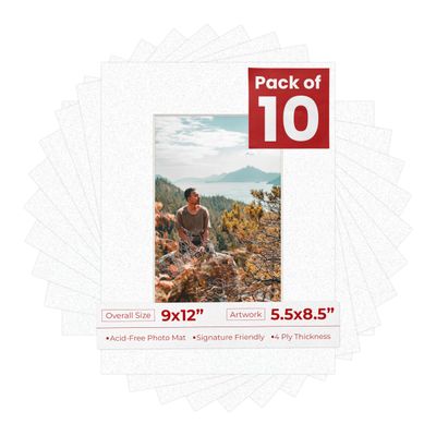 Poster Palooza Pack of TEN 9x12 Mats Bevel Cut for 5.5x8.5 Photos - Acid Free Oyster Shell White Precut Matboards For Pictures, Photos, Framing - 4-ply Thickness