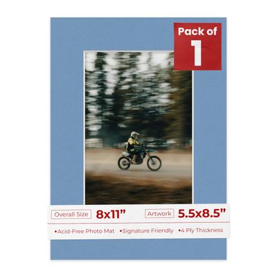 8x11 Mat Bevel Cut for 5.5x8.5 Photos - Acid Free Brittany Blue Precut Matboard With Backing Board and Crystal Clear, Self Seal Photo Mat Bag - For Pictures, Photos, Framing - 4-ply Thickness