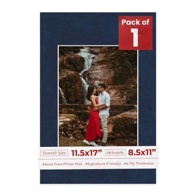 11.5x17 Mat Bevel Cut for 8.5x11 Photos - Acid Free Navy Suede Precut Matboard With Backing Board and Crystal Clear, Self Seal Photo Mat Bag - For Pictures, Photos, Framing - 4-ply Thickness
