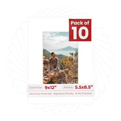 Poster Palooza Pack of Ten 9x12 Mats Bevel Cut for 5.5x8.5 Photos - Acid Free White Precut Matboards for Pictures, Photos, Framing - 4-ply Thickness