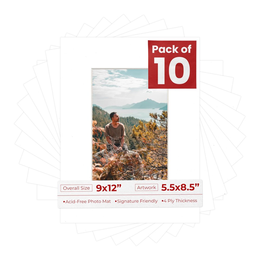 Poster Palooza Pack of Ten 9x12 Mats Bevel Cut for 5.5x8.5 Photos - Acid Free White Precut Matboards for Pictures, Photos, Framing - 4-ply Thickness