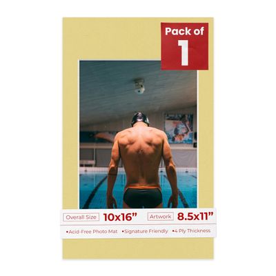10x16 Mat Bevel Cut for 8.5x11 Photos - Acid Free Soft Yellow Precut Matboard With Backing Board and Crystal Clear, Self Seal Photo Mat Bag - For Pictures, Photos, Framing - 4-ply Thickness