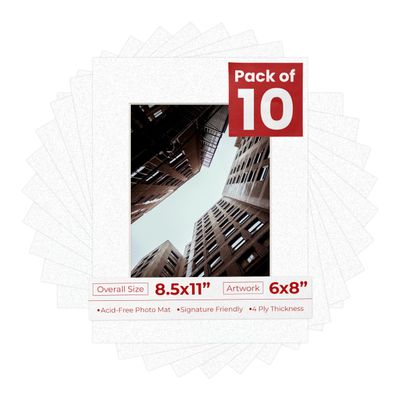 Pack of Ten Acid Free 8.5x11 Mats Bevel Cut for 6x8 Photos - Oyster Shell White Precut Matboards With Backing Boards and Self Seal Photo Mat Bags For Pictures, Photos, Framing - 4-ply Thickness