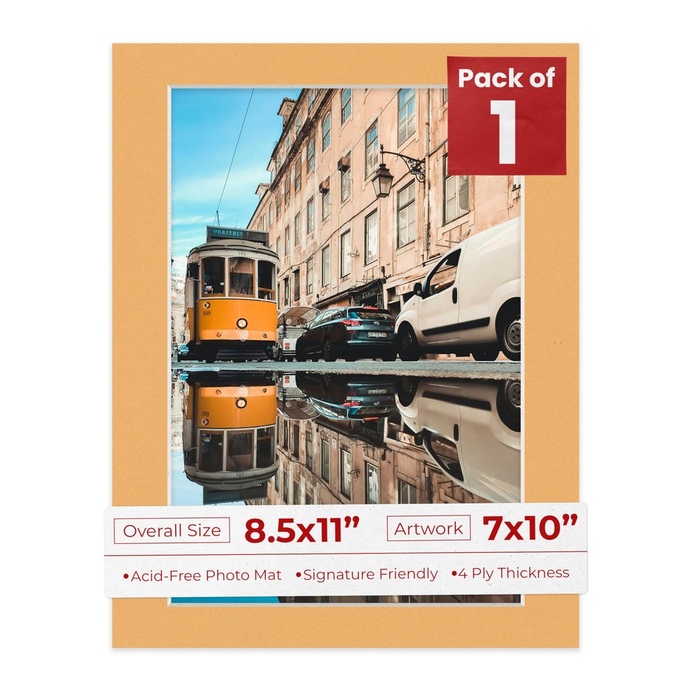 8.5x11 Mat Bevel Cut for 7x10 Photos - Acid Free Topaz Orange Precut Matboard With Backing Board and Crystal Clear, Self Seal Photo Mat Bag - For Pictures, Photos, Framing - 4-ply Thickness