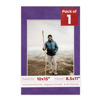 10x15 Mat Bevel Cut for 8.5x11 Photos - Acid Free Purple Crocus Suede Precut Matboard With Backing Board and Crystal Clear, Self Seal Photo Mat Bag - For Pictures, Photos, Framing - 4-ply Thickness