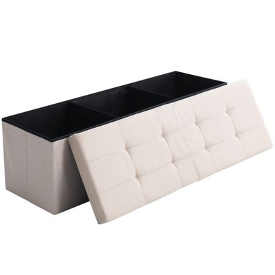 CUYOCA Shoe Storage Ottoman Foldable Seat Footrest Tufted Bench End of Bed Storage with Flipping Lid, 166L Storage Upholstered , Linen Fabric Beige, 45.3 Inches