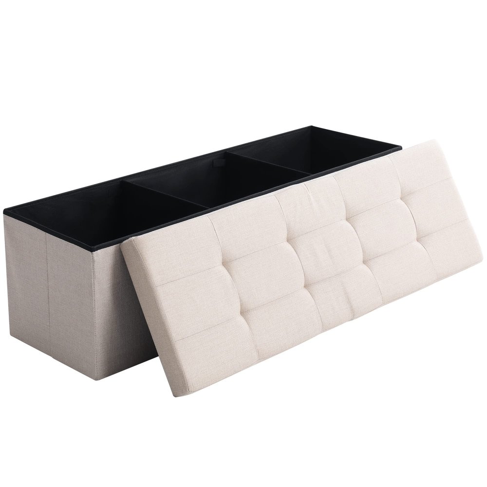 CUYOCA Shoe Storage Ottoman Foldable Seat Footrest Tufted Bench End of Bed Storage with Flipping Lid, 166L Storage Upholstered , Linen Fabric Beige, 45.3 Inches