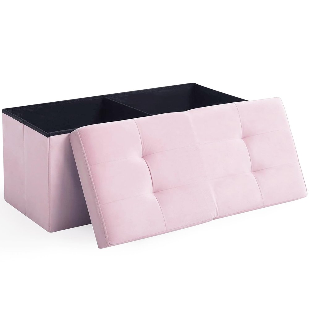 CUYOCA Storage Ottoman Bench Foldable Seat Footrest Shoe Bench End of Bed Storage with Flipping Lid, 75L Storage Space, 30 inches Velvet Pink