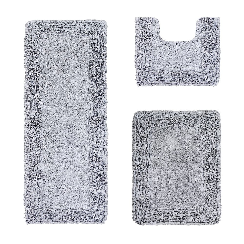 Better Trends Shaggy Border Collection, 3 Piece (20" x 20" | 21" x 34" | 20" x 60") Bathroom Set, Rectangle Rugs, 100% Cotton Silver Bath Mat, Water Absorbent and Non-Slip Doormat