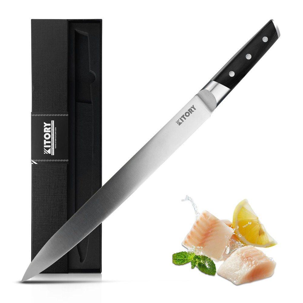 12 Slicing Knife - Japanese Style Meat Carving and BBQ Brisket Knife for Turkey - German High Carbon Steel- Big Size pakkaWood Mirror Finish Handle Design, with Gift Box