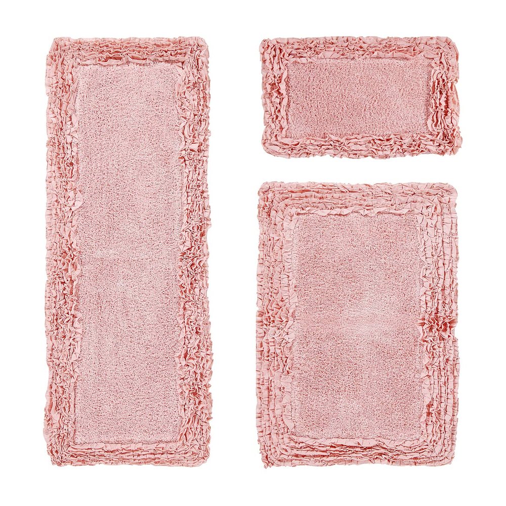 Better Trends 3 Piece Bath Rug Set 100% Cotton Tufted Bathroom Rug Water Absorbent, Non-Slip Washable Runner Mat for Bathroom Floor Decor, Bathtub,Laundry Room Pink Shaggy Border Collection