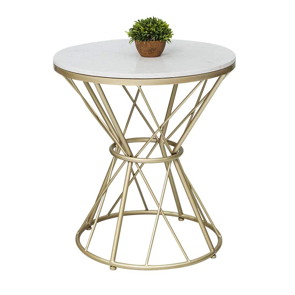 FUFU Marble Coffee Table, Metal Round Table, Small Living Room Side Table, Bedroom Bedside Table -60cm60cm62cm