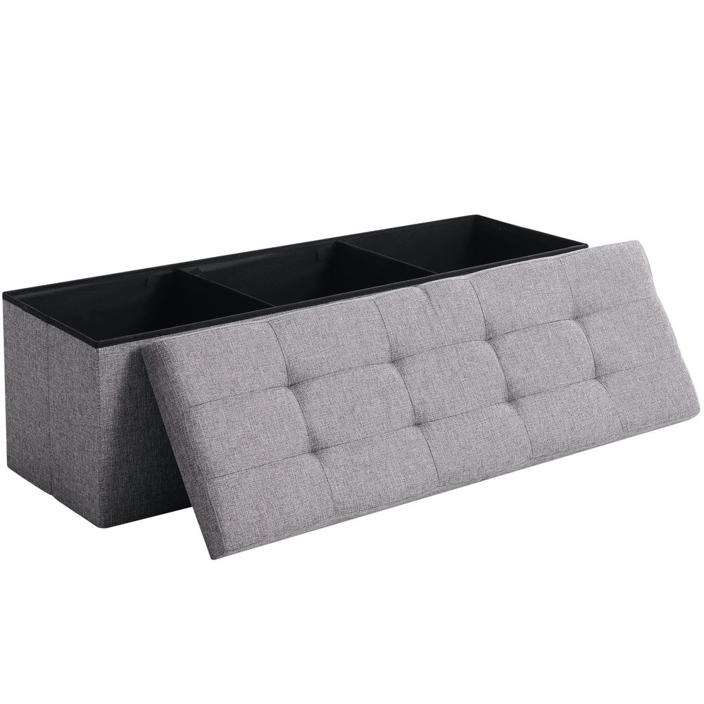Cuyoca 45.3 Inches Foldable Seat Footrest Shoe Bench End of Bed Storage with Flipping Lid, 166L Upholstered Tufted Bench, Linen Fabric Grey