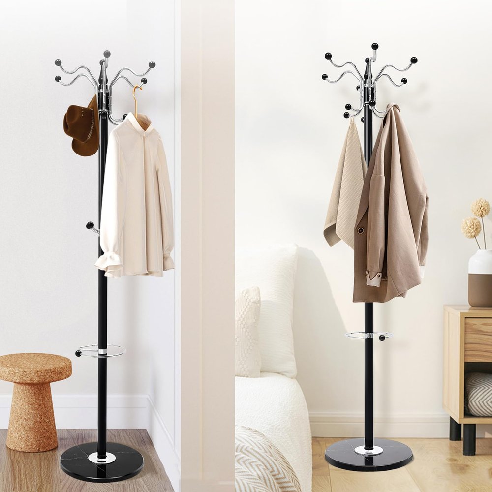 AKaSping 16 Hooks Metal Hat Rack with Natural Marble Base, Heavy Duty Coat Rack Stand, Modern Clothes Rack for Entryway, Living Room, Bedroom