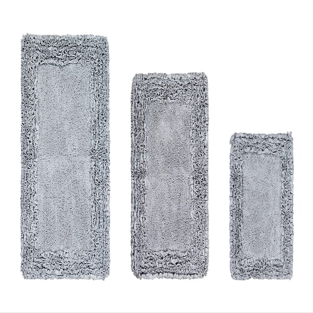 Better Trends 3 Piece Bathmat Set 100% Cotton Tufted Non-Slip Bath Room Rug Pad Bath Rug Soft Absorbent, Washable for Bathroom Decor, Laundry Room Silver Shaggy Border Collection