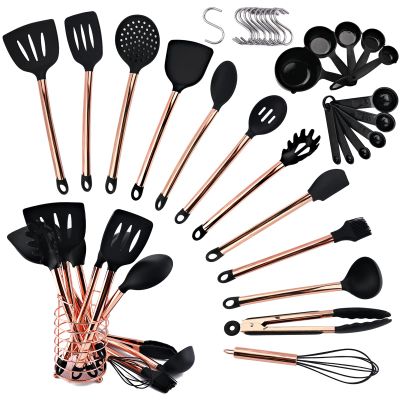 BRIIEC Silicone Cooking Utensil Set with Measuring Cup Spoon, 16 Pcs Non-stick Kitchen Utensil, Heat Resistant Cookware, Silicone Kitchen Tools Gift with Rose Gold Stainless Steel Handle
