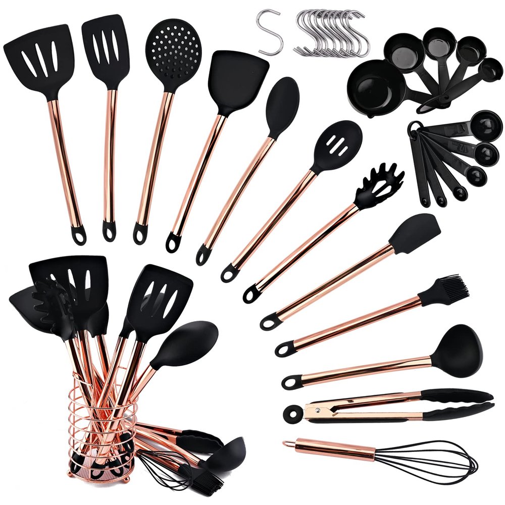 BRIIEC Silicone Cooking Utensil Set with Measuring Cup Spoon, 16 Pcs Non-stick Kitchen Utensil, Heat Resistant Cookware, Silicone Kitchen Tools Gift with Rose Gold Stainless Steel Handle